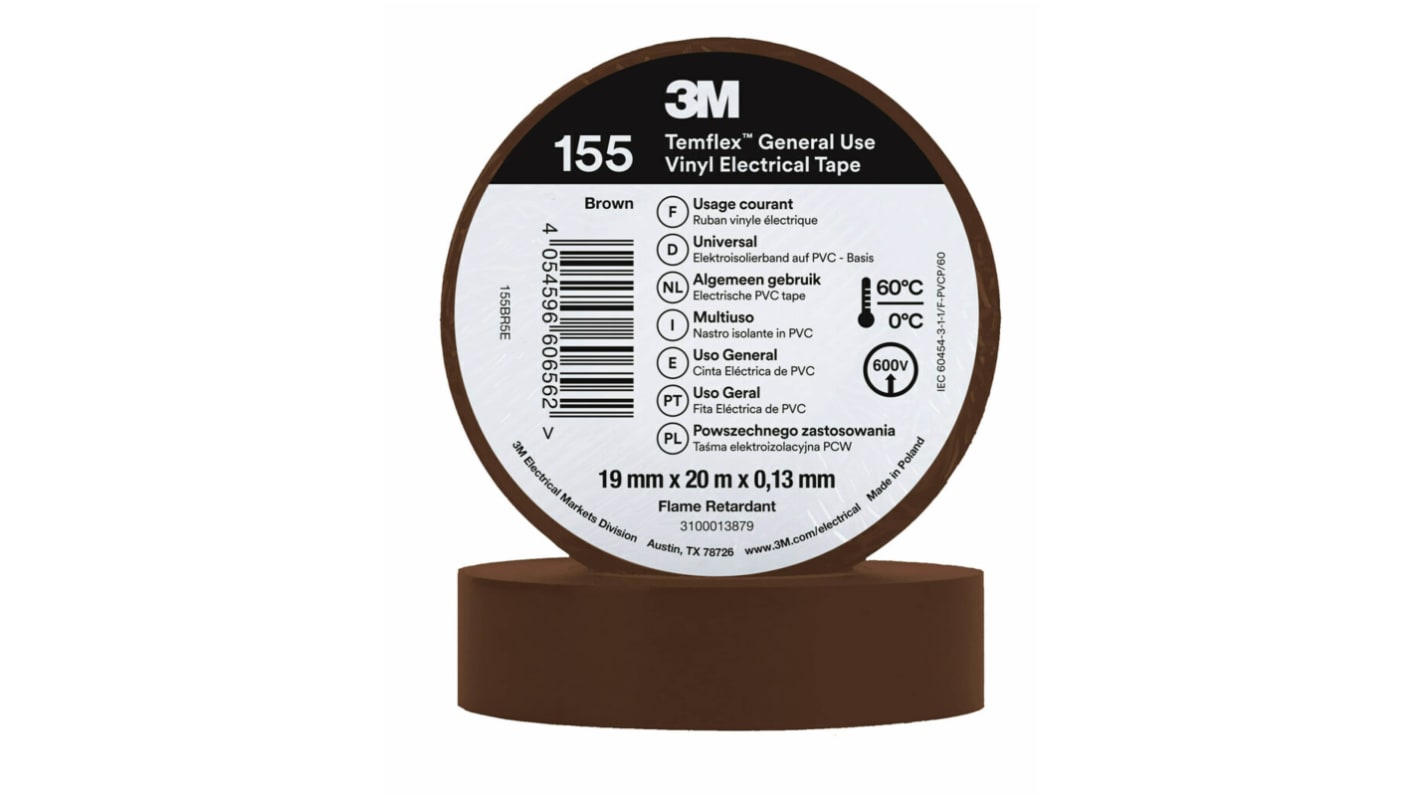 3M Temflex 155 Brown Vinyl Electrical Tape, 19mm x 20m