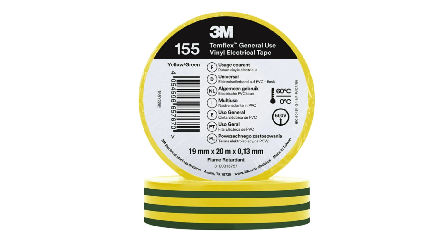 3M Temflex 155 Green, Yellow Vinyl Electrical Tape, 19mm x 20m