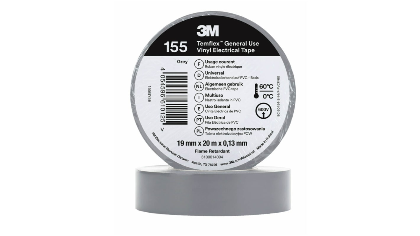 3M Temflex 155 Grey Vinyl Electrical Tape, 19mm x 20m