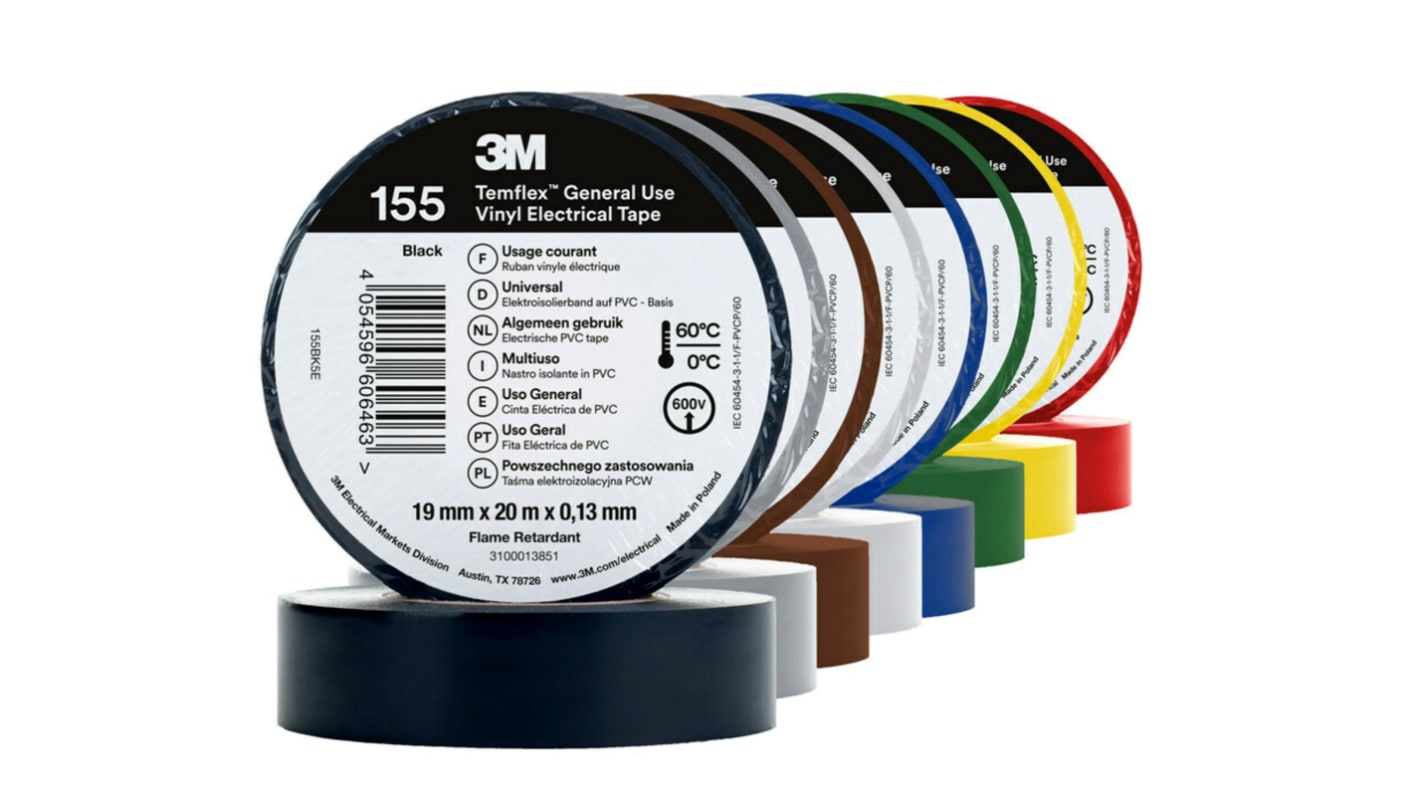 3M Temflex 155 Black, Blue, Brown, Green, Grey, Orange, Red, White, Yellow, Yellow/Green Vinyl Electrical Tape, 19mm x