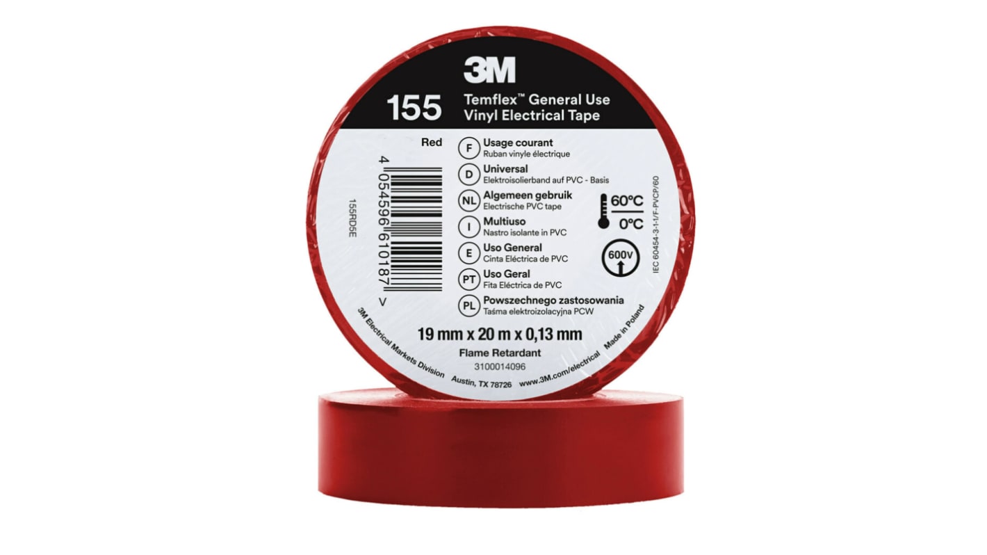 3M Temflex 155 Vinyl Isolierband Rot, Stärke 0.13mm x 19mm x 20m bis +60°C