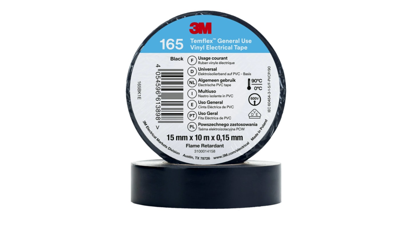 3M Temflex 165 Black Vinyl Electrical Tape, 15mm x 10m