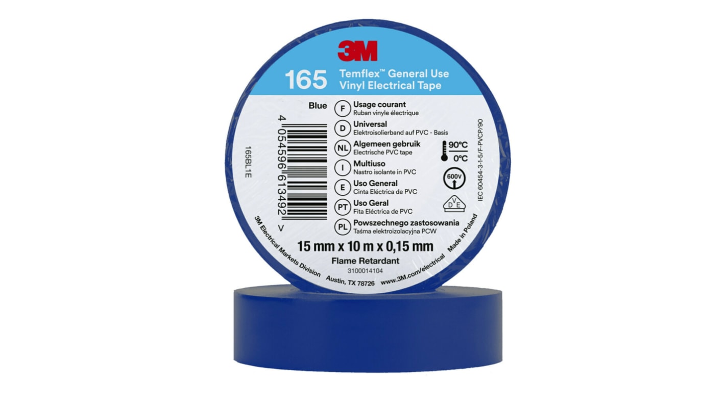 3M Temflex Blue Vinyl Electrical Tape, 15mm x 10m