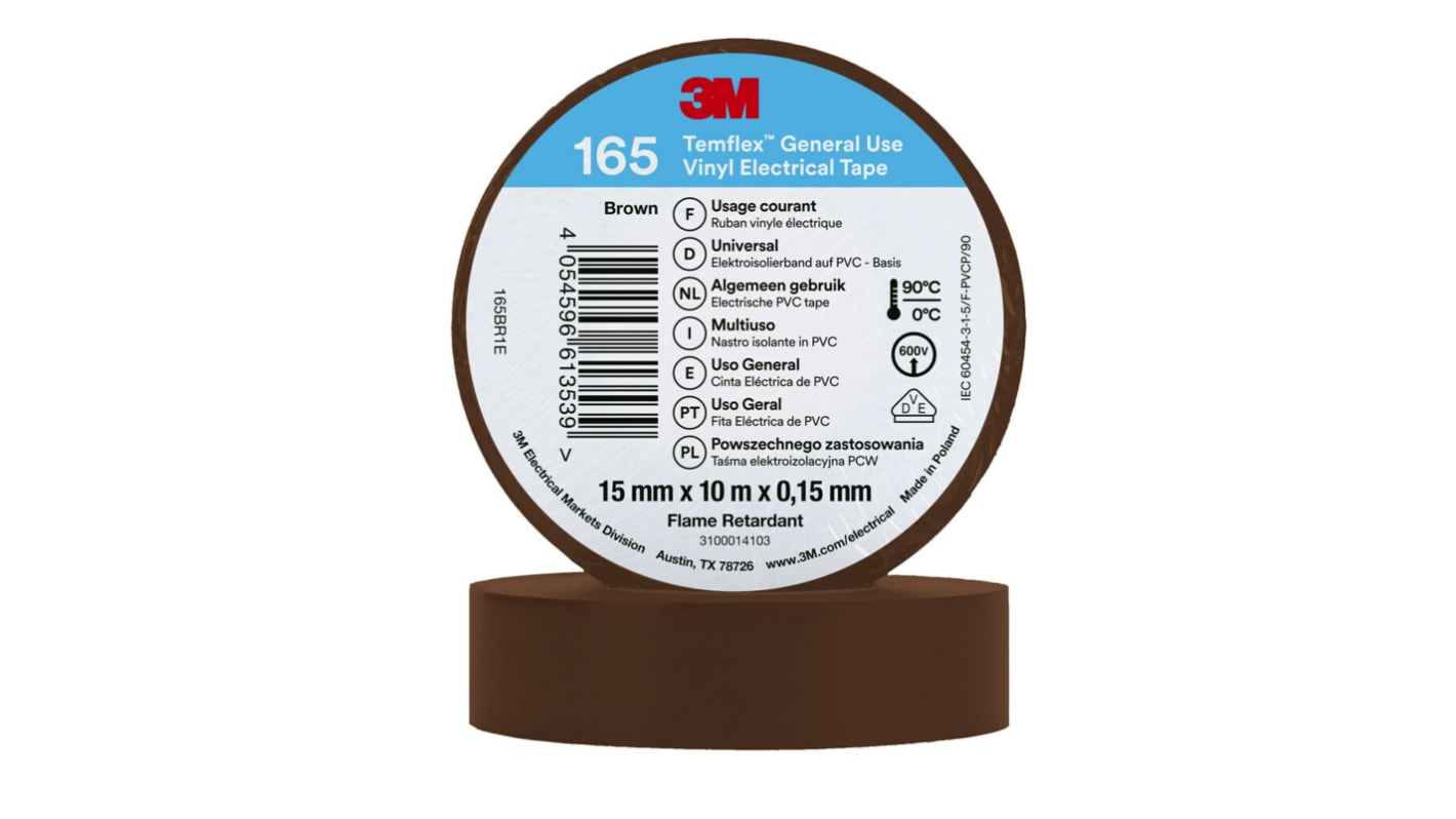 3M Temflex 165 Brown Vinyl Electrical Tape, 15mm x 10m