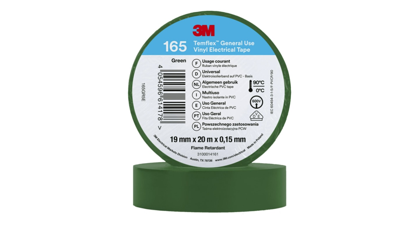 3M Temflex Isolierband, Vinyl Grün, 0.152mm x 19mm x 20m bis +90°C