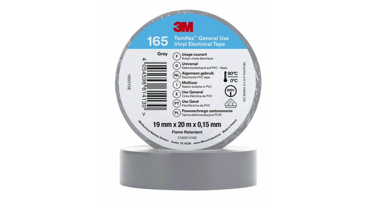 3M Temflex 165 Isolierband, Vinyl Grau, 0.152mm x 19mm x 20m bis +90°C