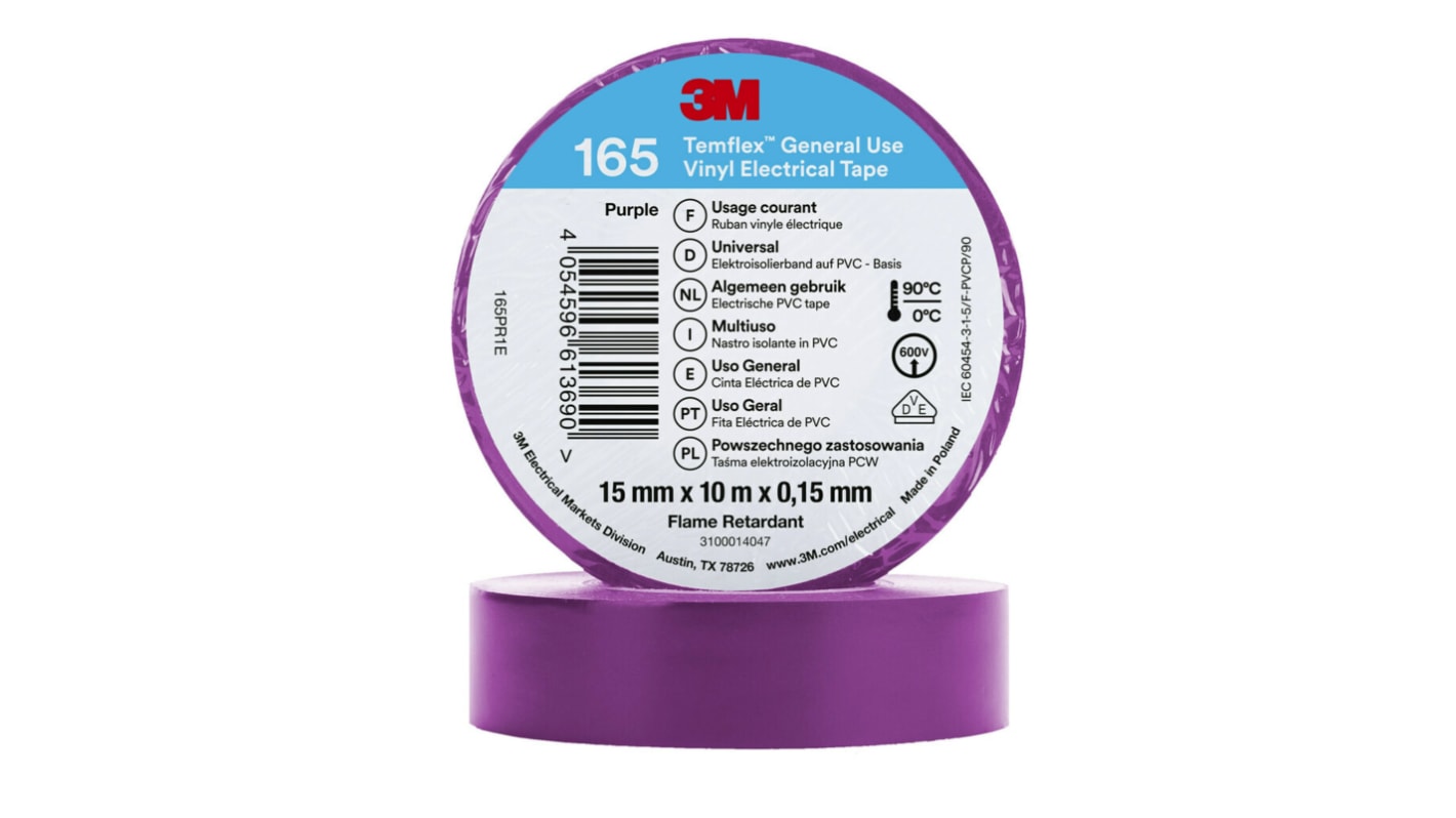 3M Temflex 165 Purple Vinyl Electrical Tape, 15mm x 10m