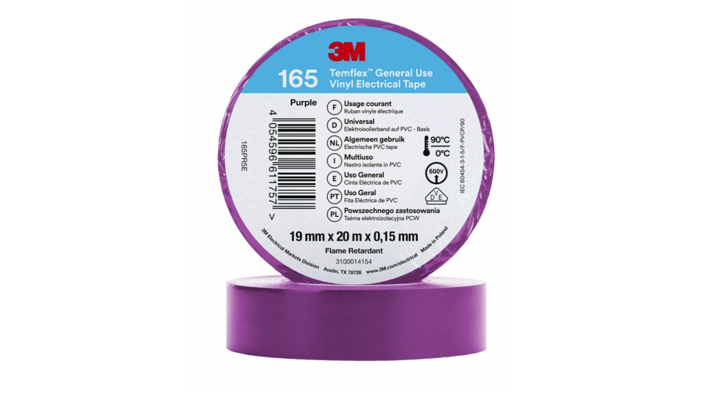 3M Temflex 165 Isolierband, Vinyl Lila, 0.152mm x 19mm x 20m bis +90°C