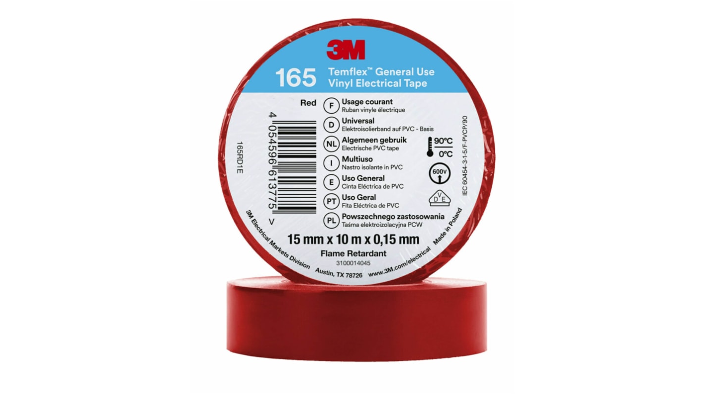 3M Temflex 165 Red Vinyl Electrical Tape, 15mm x 10m