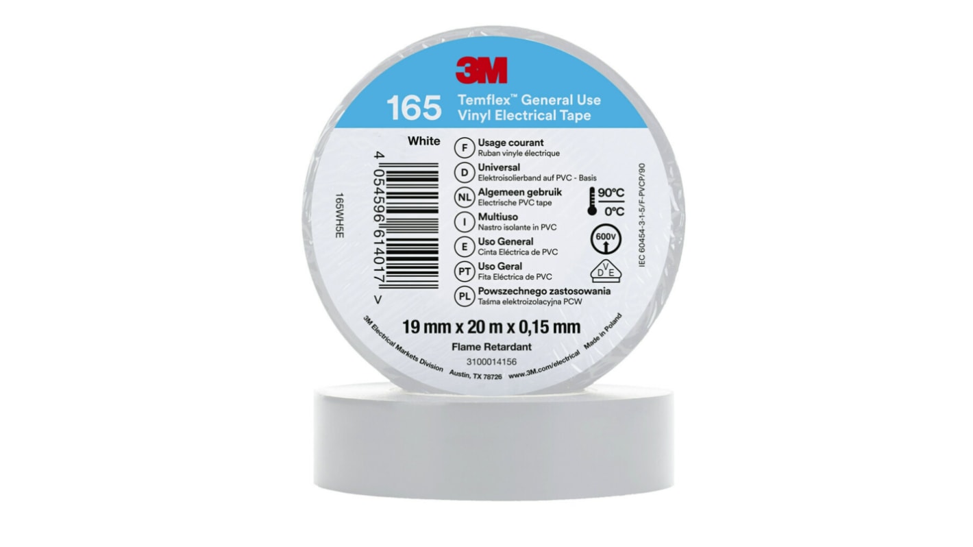 3M Temflex 165 Isolierband, Vinyl Weiß, 0.152mm x 19mm x 20m bis +90°C