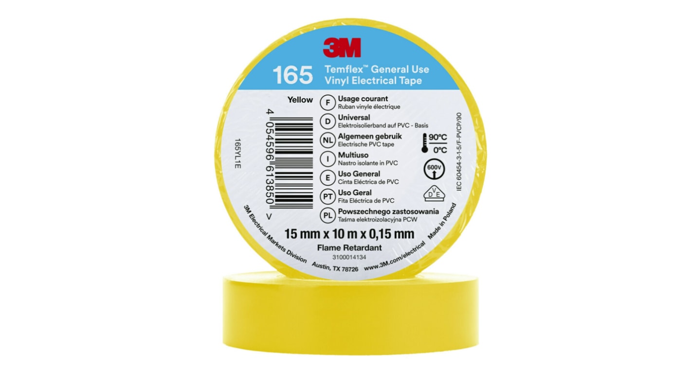 3M Temflex 165 Yellow Vinyl Electrical Tape, 15mm x 10m