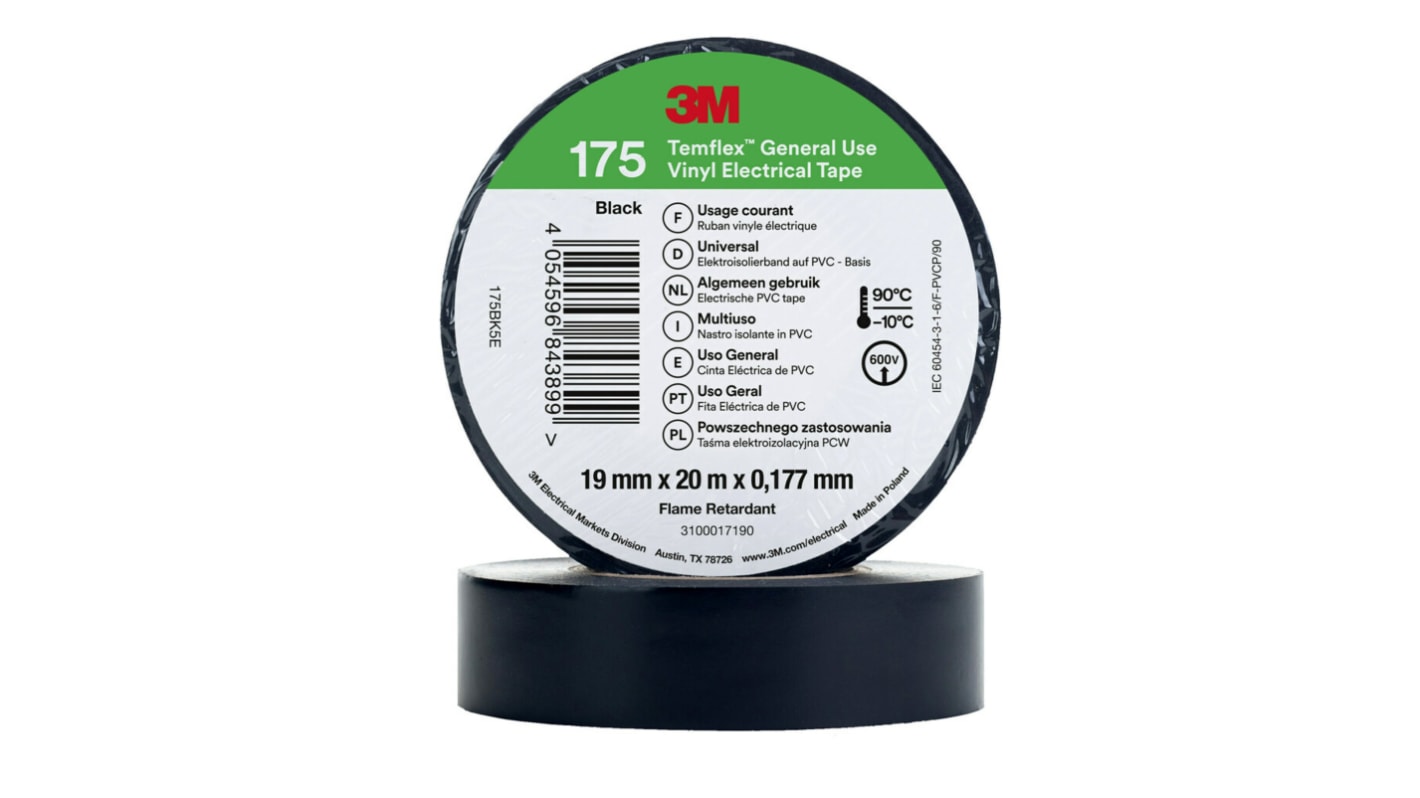3M Temflex Black Vinyl Electrical Tape, 19mm x 20m