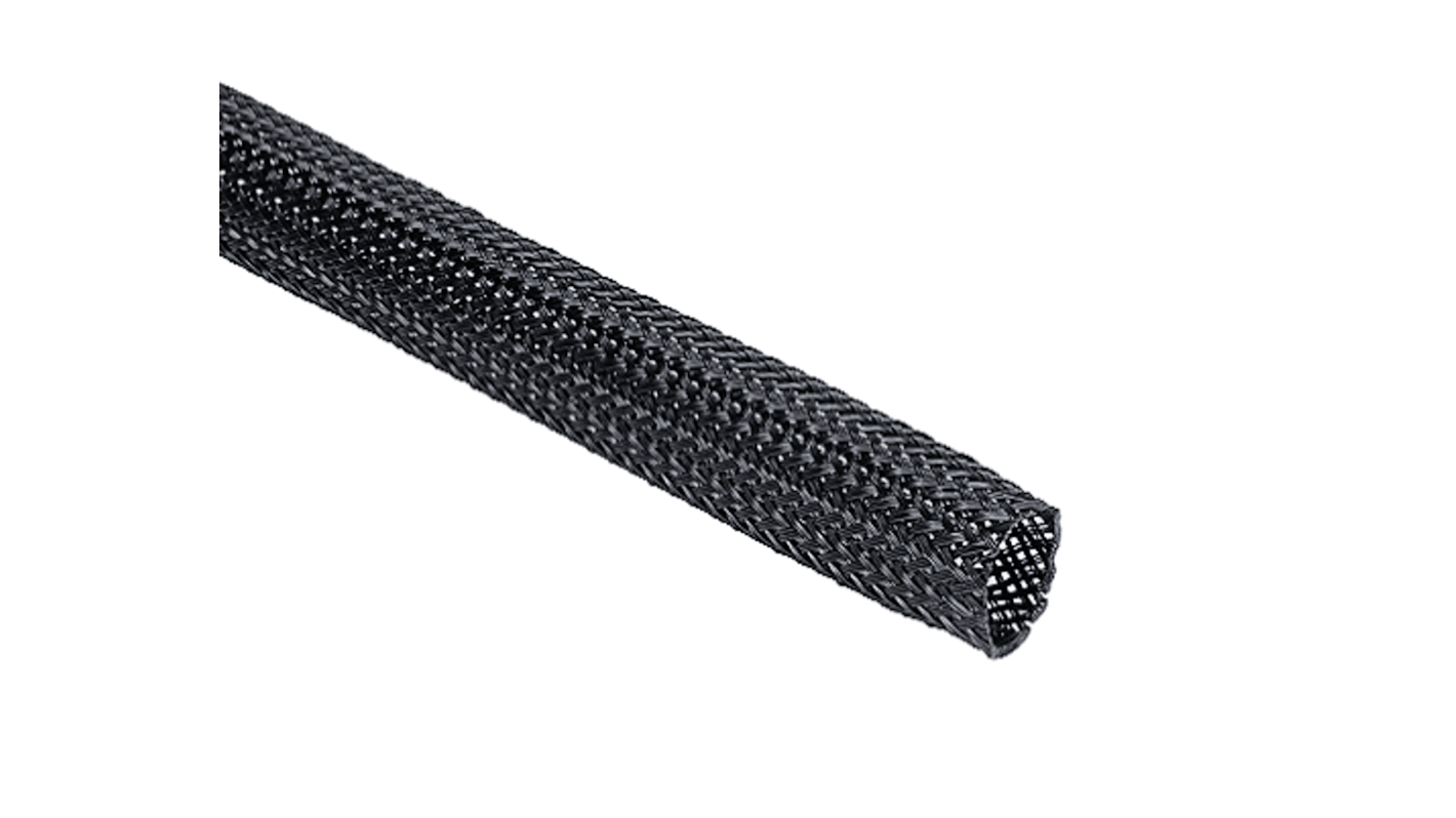 HellermannTyton Expandable Braided PET Black Protective Sleeving, 12mm Diameter, 100m Length, Helagaine HEGPX Series