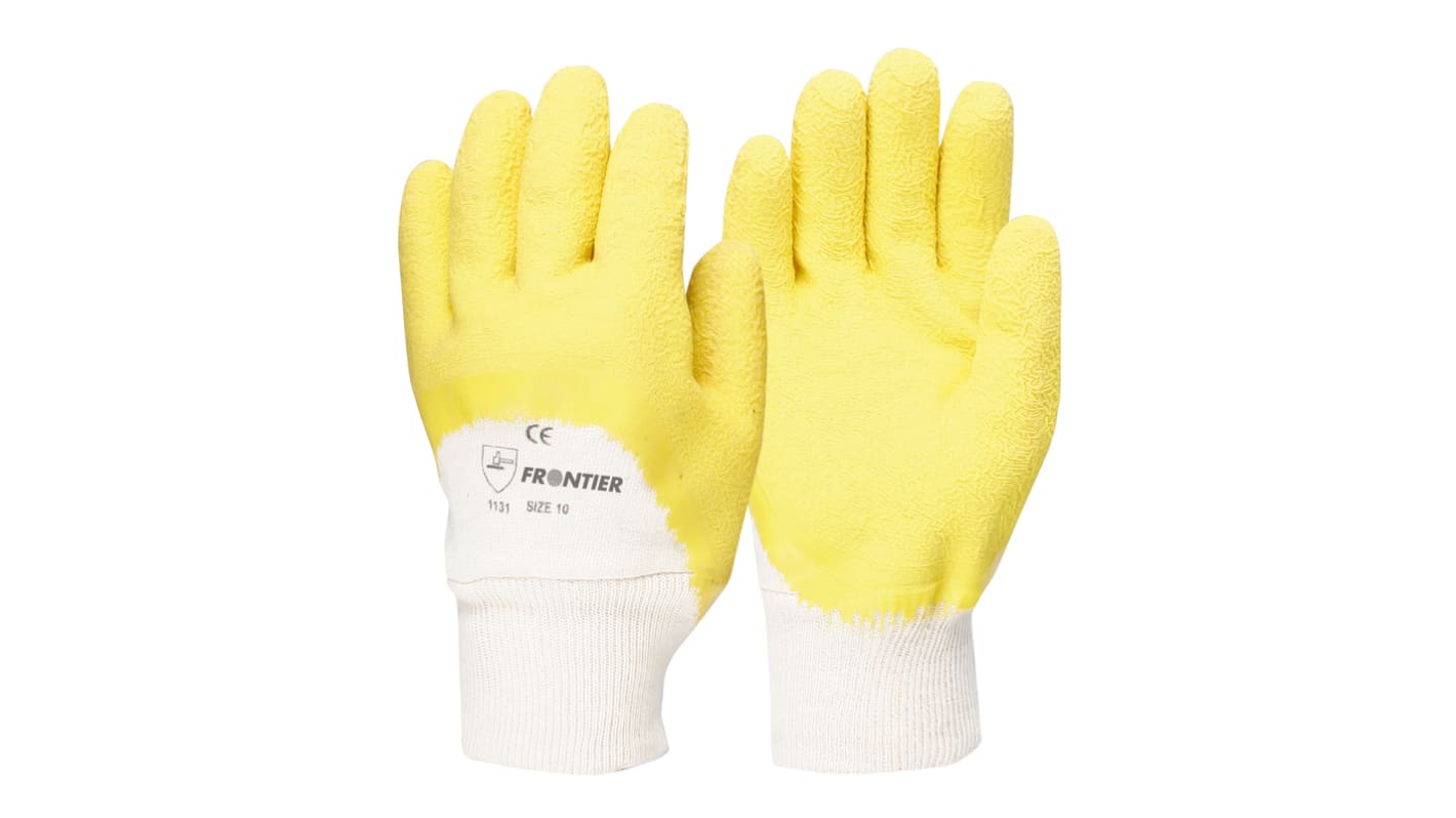 FRONTIER Yellow Cotton Extra Grip Latex Gloves, Size 10, Latex Coating