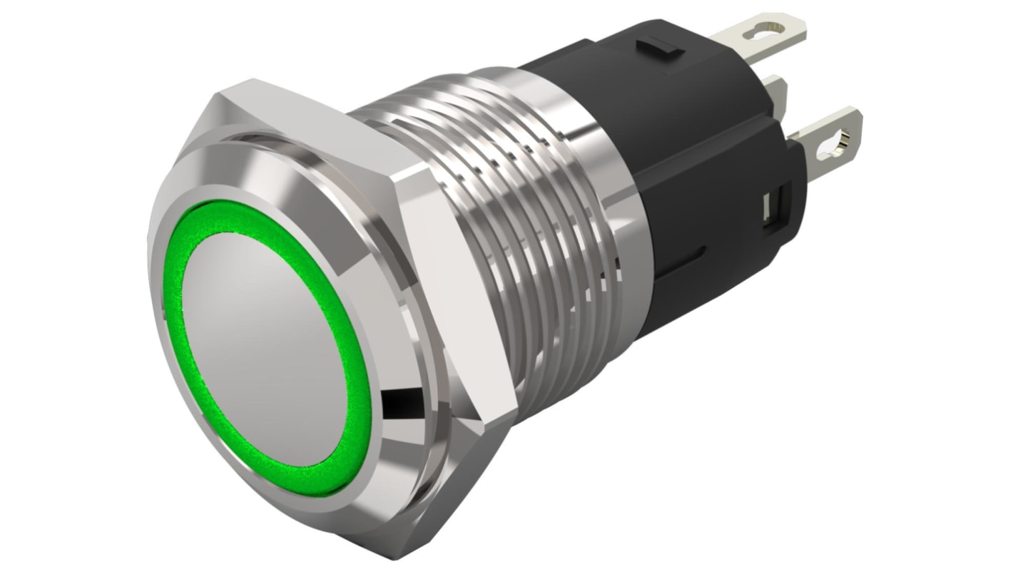 Commutateur à bouton-poussoir lumineux série 82, Verrouillable lumineux, LED Vert, 1RT, 3A, Montage panneau 12V c.a. /