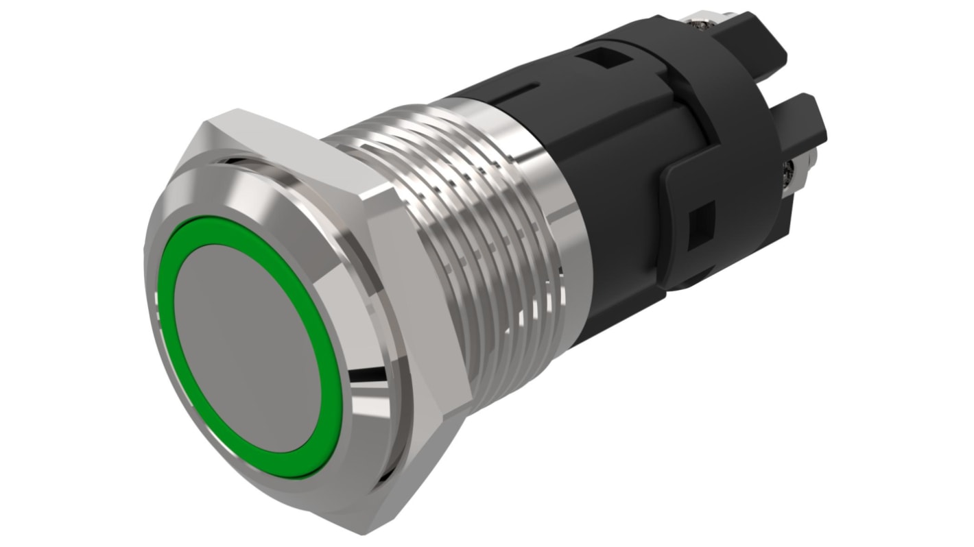 EAO 82 Series Illuminated Illuminated Push Button Switch, Latching, Panel Mount, 16mm Cutout, SPDT, Green LED, 12V,