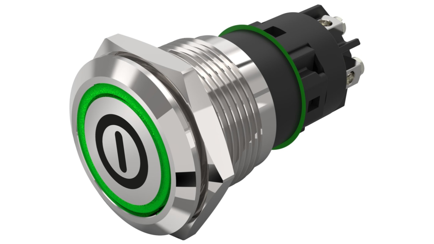 EAO 82 Series Illuminated Illuminated Push Button Switch, Latching, Panel Mount, 19mm Cutout, SPDT, Green LED, 240V,