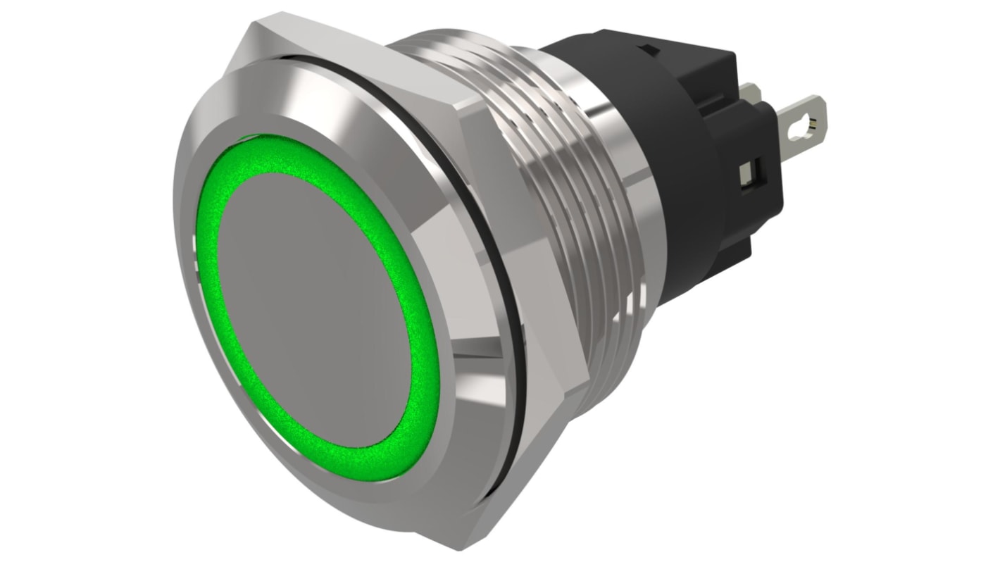 EAO 82 Series Green Indicator, 12V ac/dc, 22mm Mounting Hole Size, Solder Tab Termination, IP65, IP67