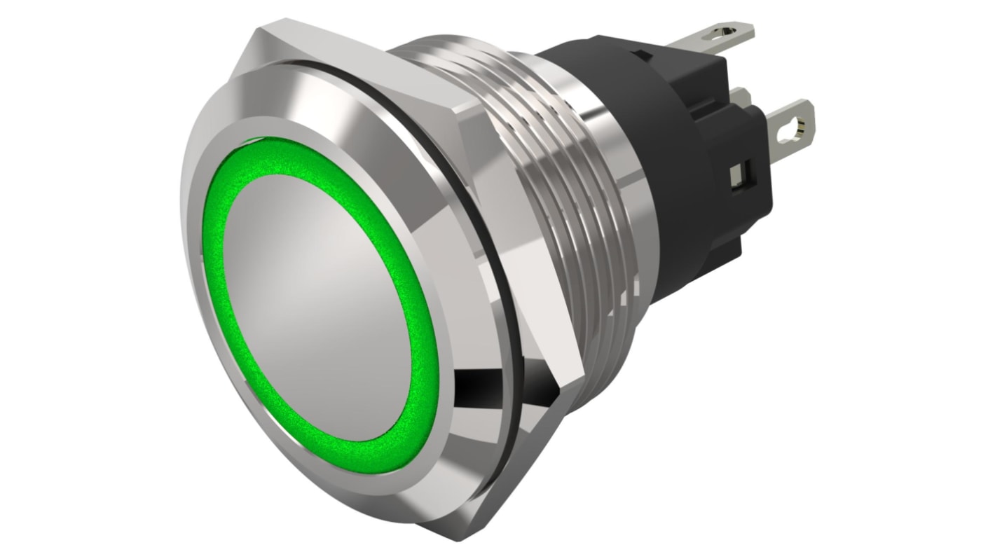 EAO 82 Series Illuminated Illuminated Push Button Switch, Momentary, Panel Mount, 22.3mm Cutout, SPDT, Green LED, 240V,