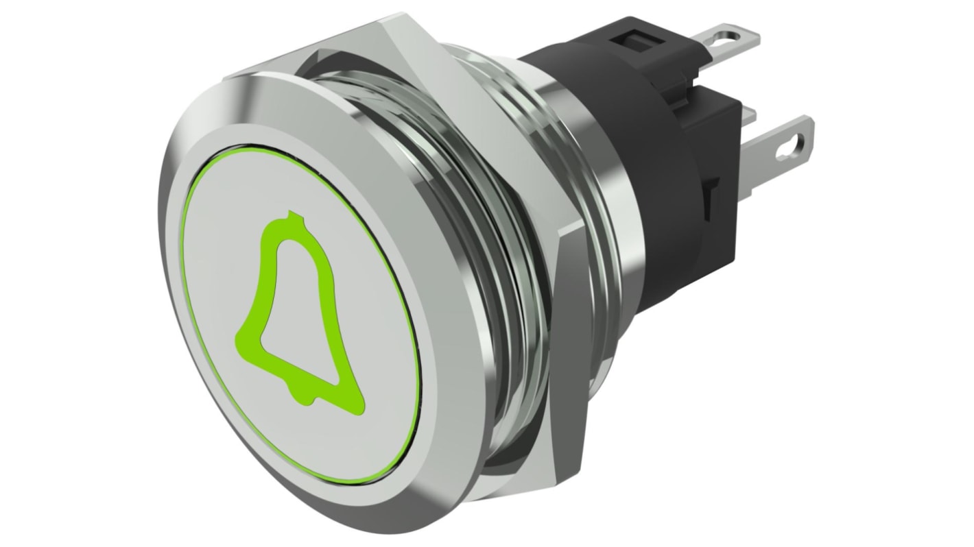 EAO 82 Series Illuminated Illuminated Push Button Switch, Momentary, Panel Mount, 22.3mm Cutout, SPDT, Green LED, 240V,