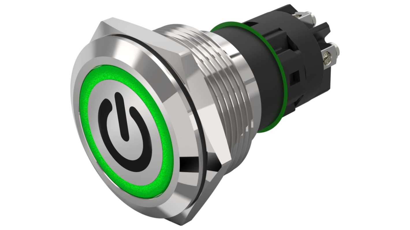 EAO 82 Series Illuminated Illuminated Push Button Switch, Momentary, Panel Mount, 22.3mm Cutout, SPDT, Green LED, 240V,