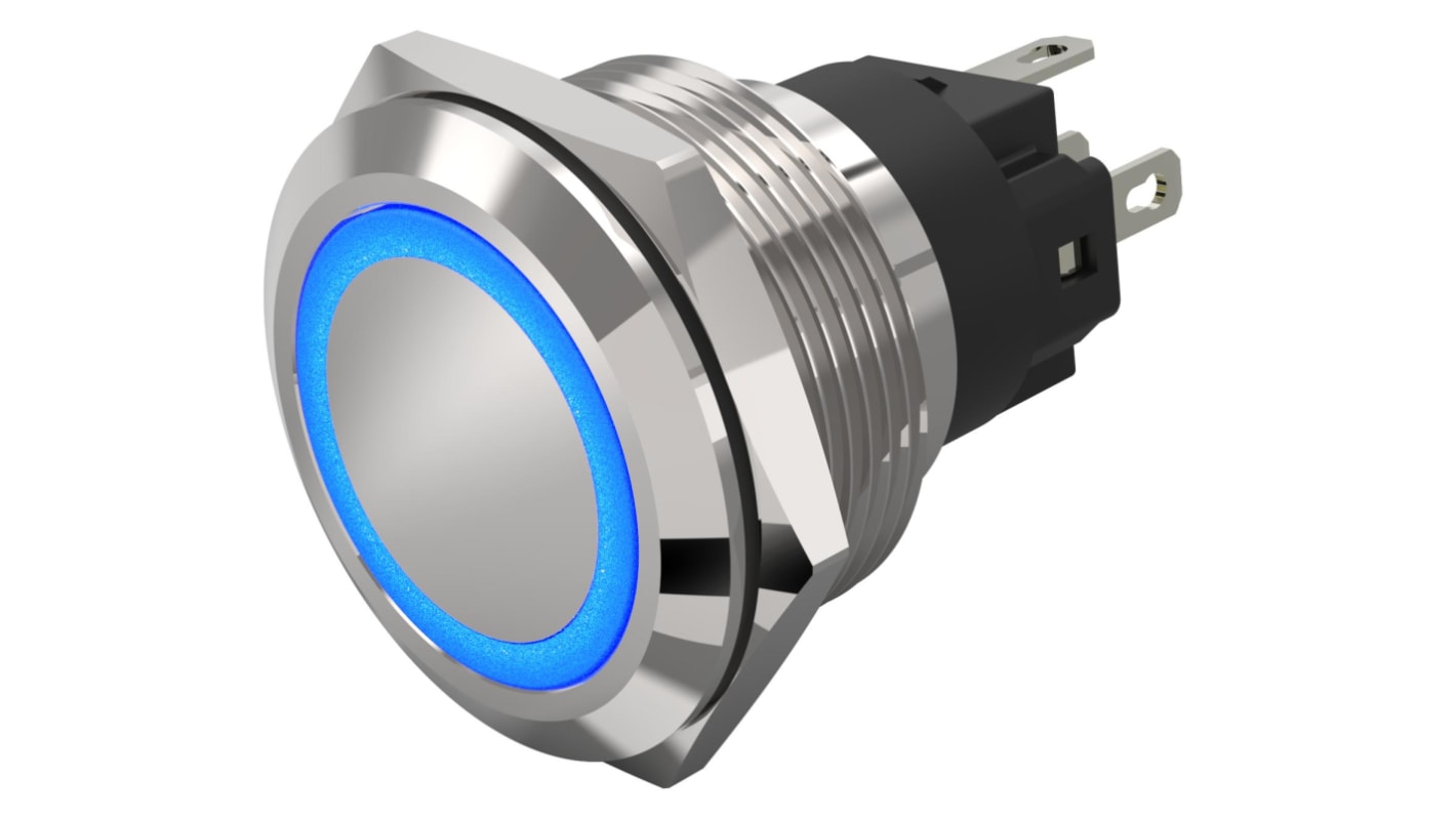 Commutateur à bouton-poussoir lumineux série 82, Verrouillable lumineux, LED Bleu, 1RT, 3A, Montage panneau 12V c.a. /