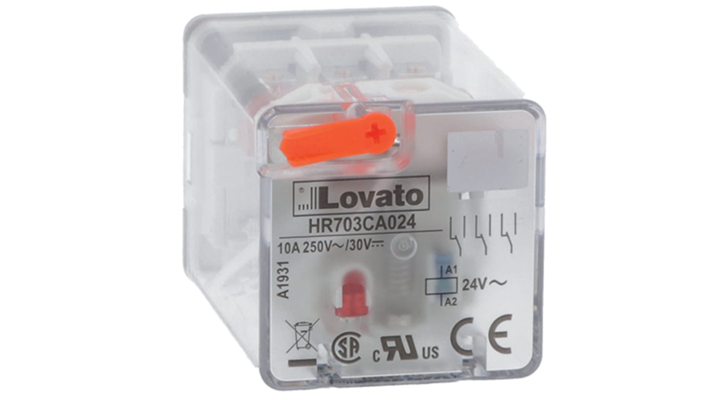 Lovato DIN Rail Non-Latching Relay, 24V ac Coil, 8A Switching Current, 3PDT