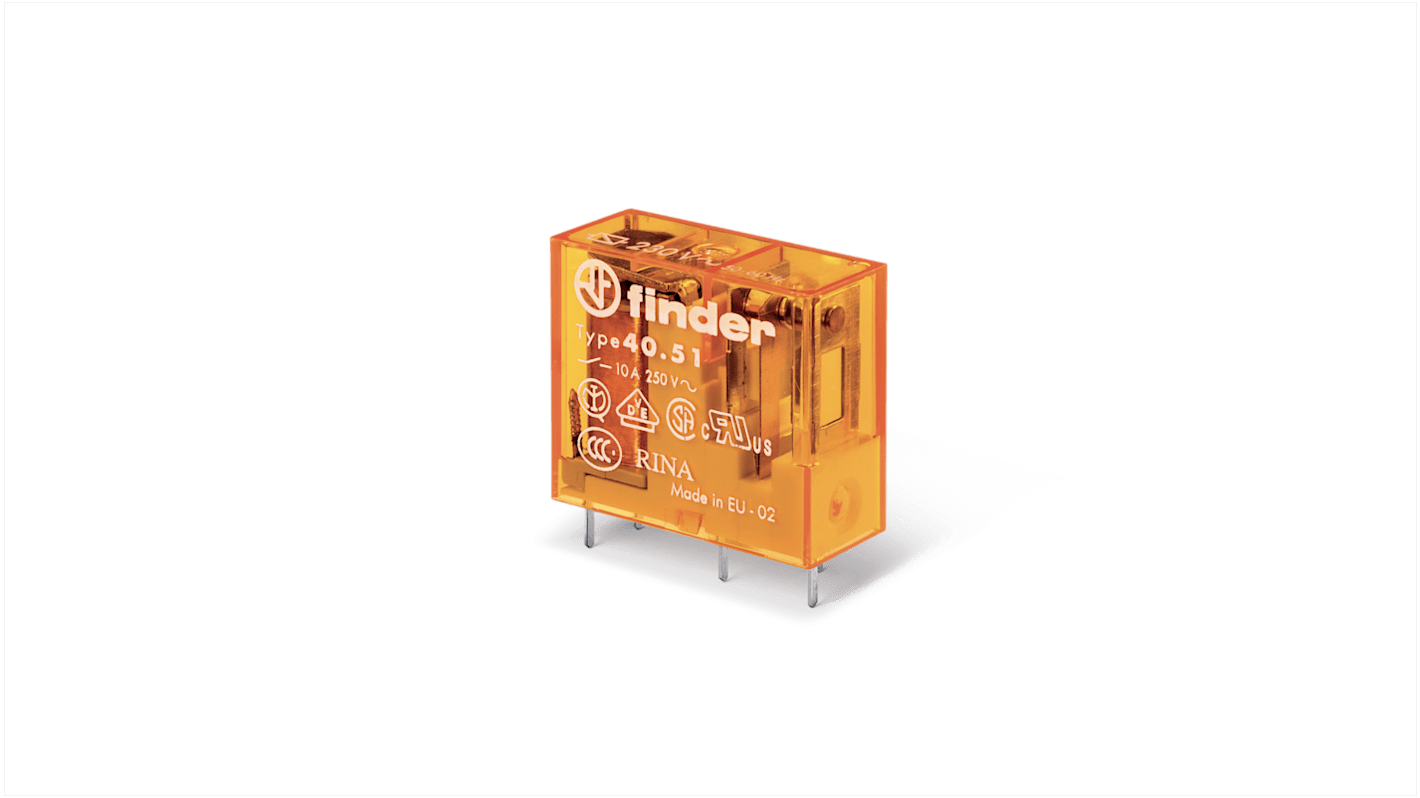 Relé sin enclavamiento Finder de 1 polo, SPDT, bobina 12V ac, 12A, Montaje en PCB, Conexión