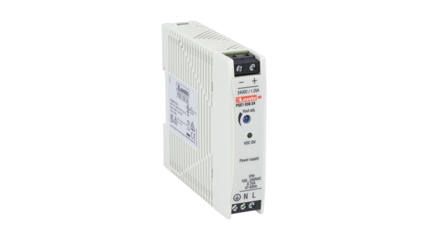 Lovato PSE1 Switched Mode DIN Rail Power Supply, 100 → 240V ac ac Input, 24V dc dc Output, 1.25A Output, 30W