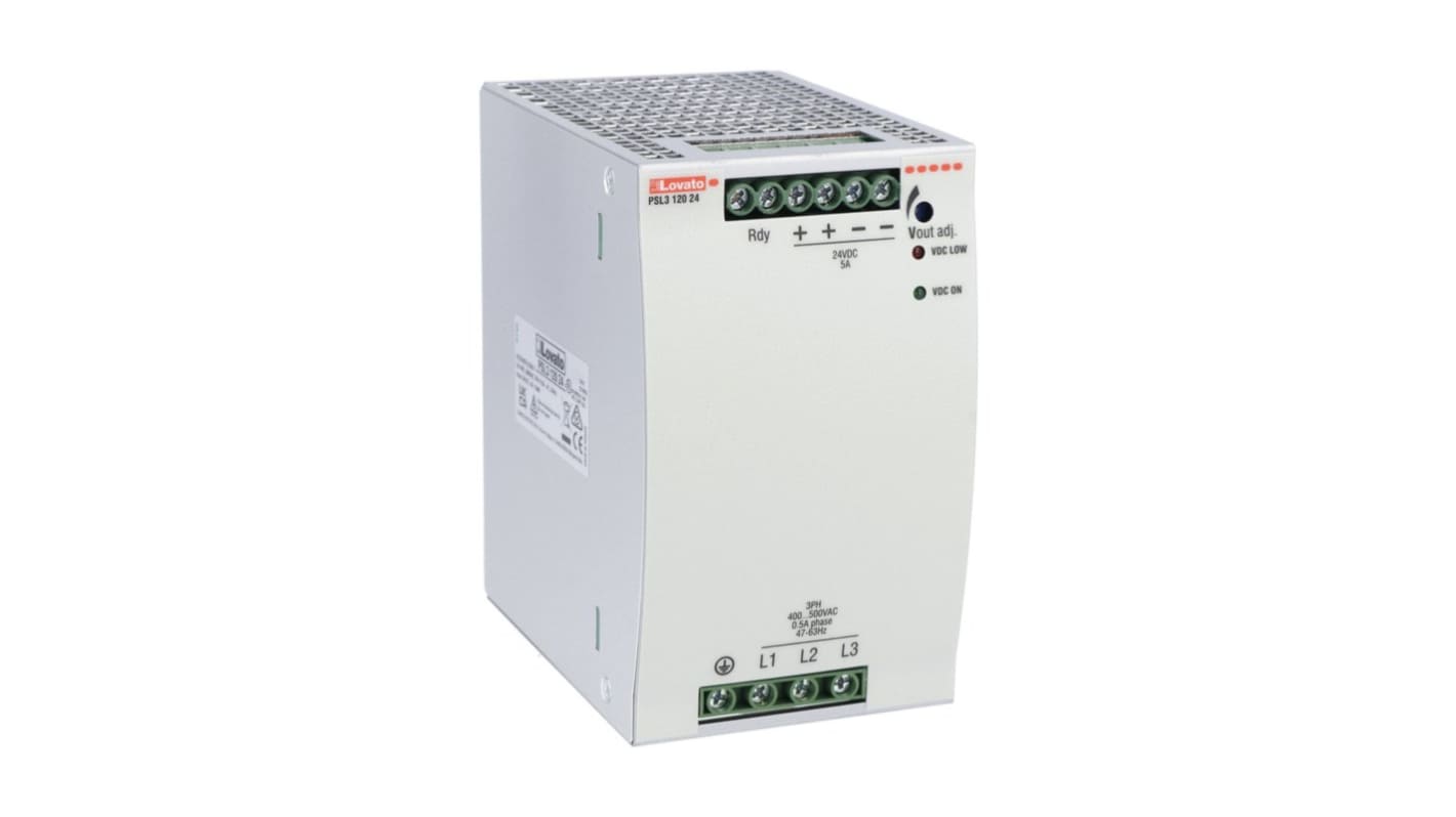 Lovato PSL DIN Rail Power Supply, 400 → 500V ac ac Input, 24V dc dc Output, 5A Output, 120W