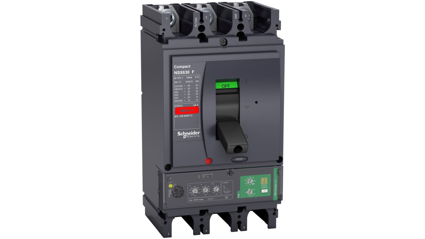 MCCB Schneider Electric, 3 Polos, 570A, Montaje fijo, Compacto, NSX630F