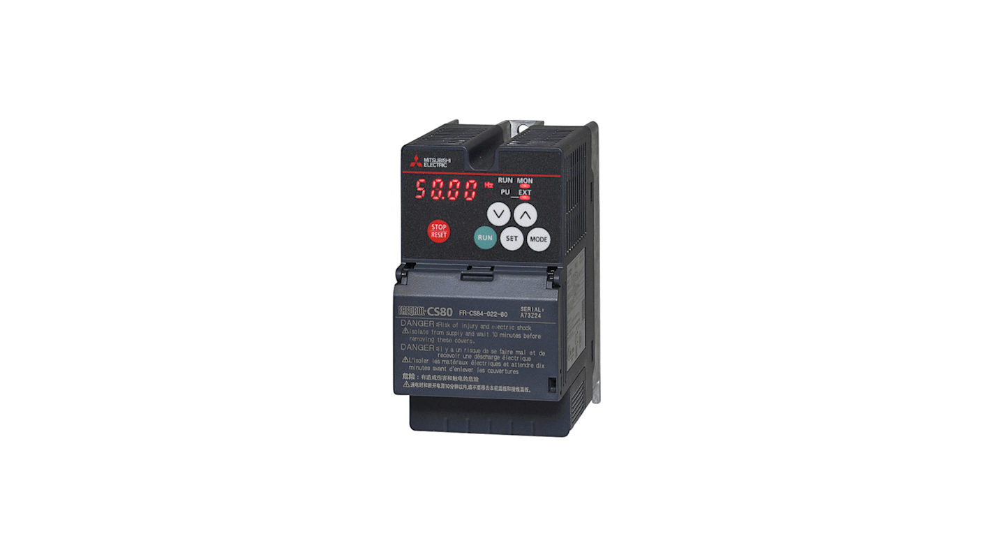 Mitsubishi Electric Inverter Drive, 0.75 kW, 3 Phase, 380 → 480 V ac, 2.2 A, FR-CS80 Series