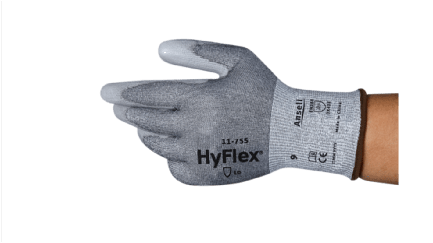 Ansell 11-755 Grey Polyester Cut Resistant Cut Resistant Gloves, Size 12, Polyurethane Coating
