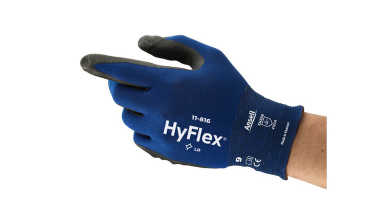 Ansell 11-816 Blue Nylon, Spandex Extra Grip, Good Dexterity Work Gloves, Size 10, Nitrile Foam Coating