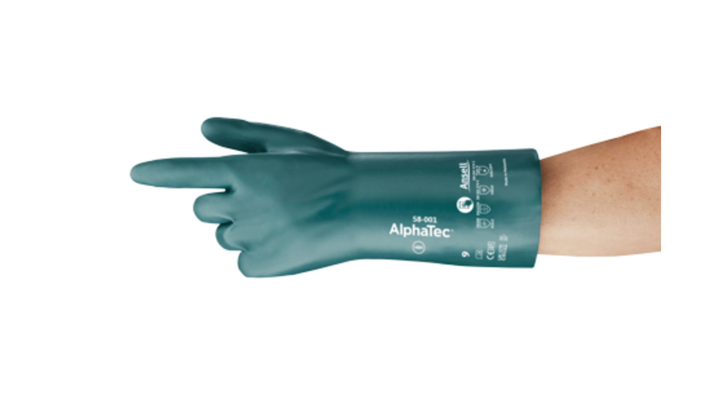 Ansell 58-001 Green Nitrile Chemical Resistant Work Gloves, Size 9, Nitrile Coating