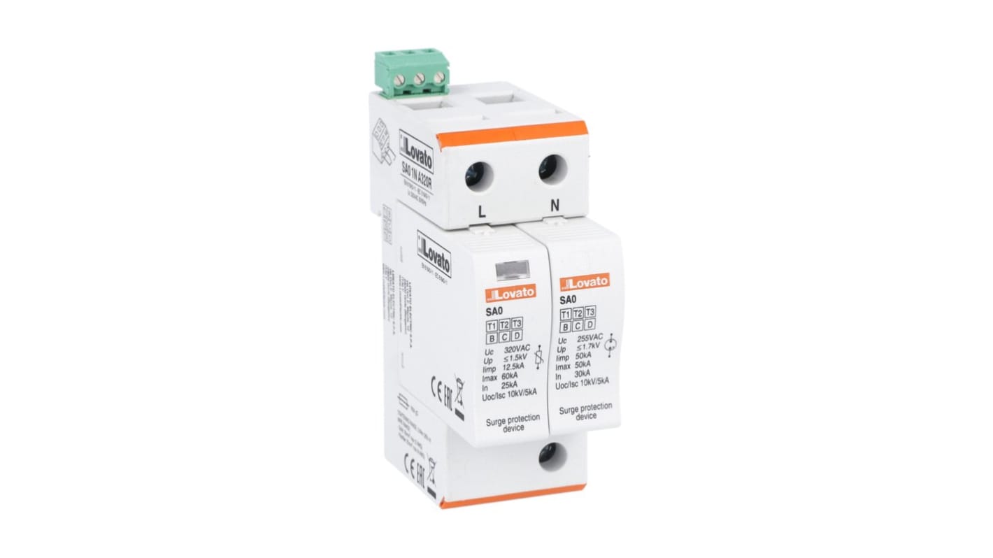 Lovato Single Phase Surge Protector, 60kA, < 1.5kV, DIN Rail Mount