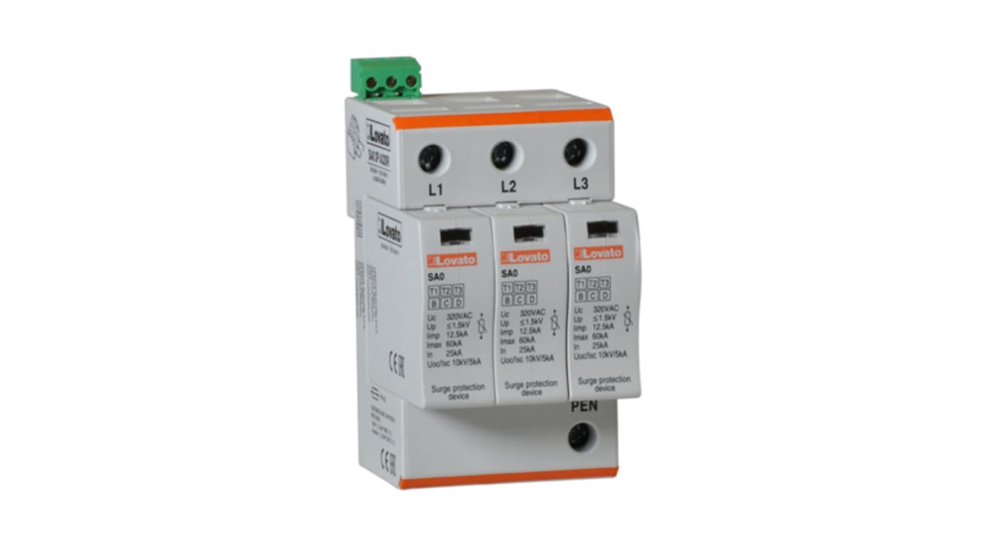 Lovato Single Phase Surge Protector, 60kA, < 1.5kV, DIN Rail Mount