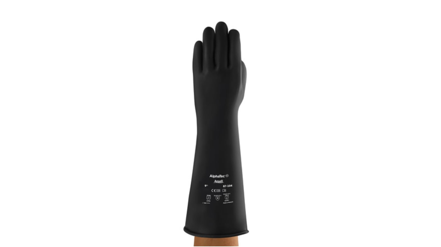 Ansell 87-104 Black Latex Chemical Resistant Work Gloves, Size 7.5, Latex Coating