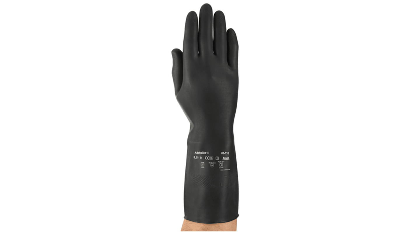 Ansell 87-118 Black Latex Chemical Resistant Work Gloves, Size 8.5, Latex Coating