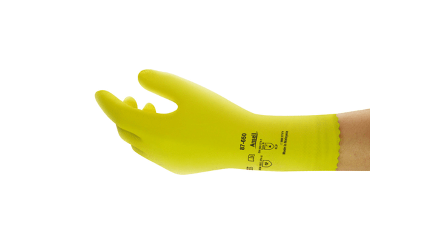Ansell 87-650 Yellow Latex Chemical Resistant Work Gloves, Size 6.5, Latex Coating