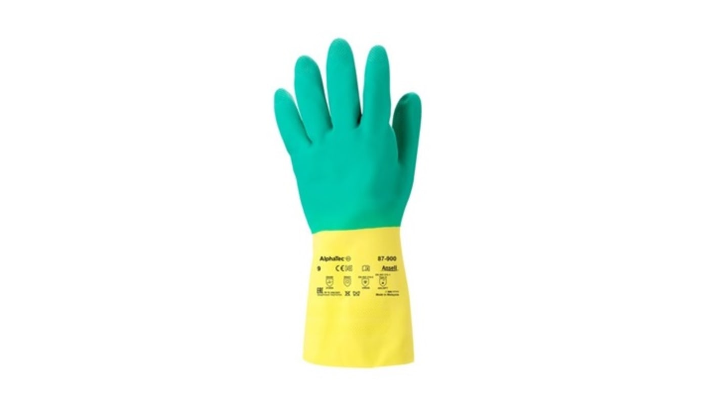 Ansell 87-900 Yellow Latex Chemical Resistant Work Gloves, Size 7.5, Latex, Neoprene Coating