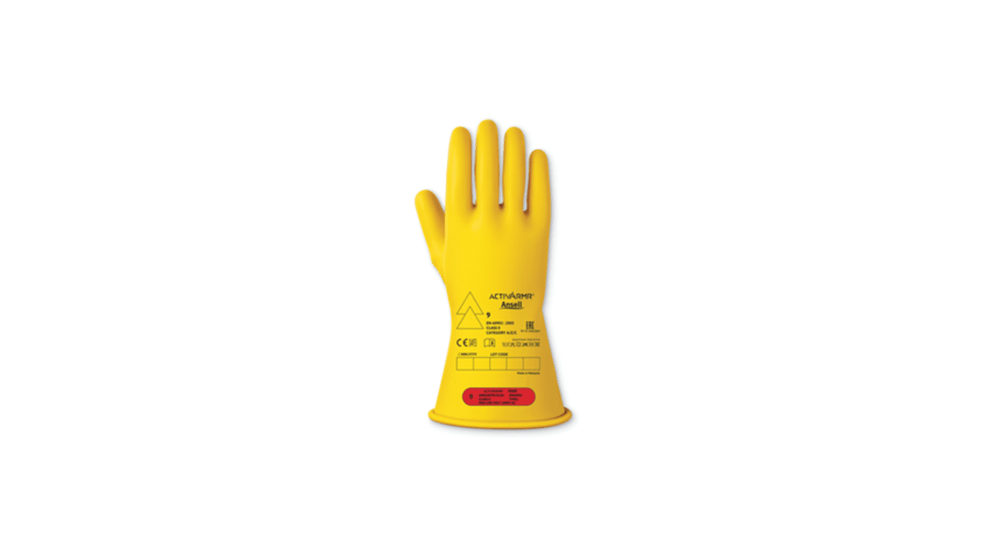 Ansell RIG014B Yellow Latex Electrical Protection Electrical Insulating Gloves, Size 8, Latex Coating