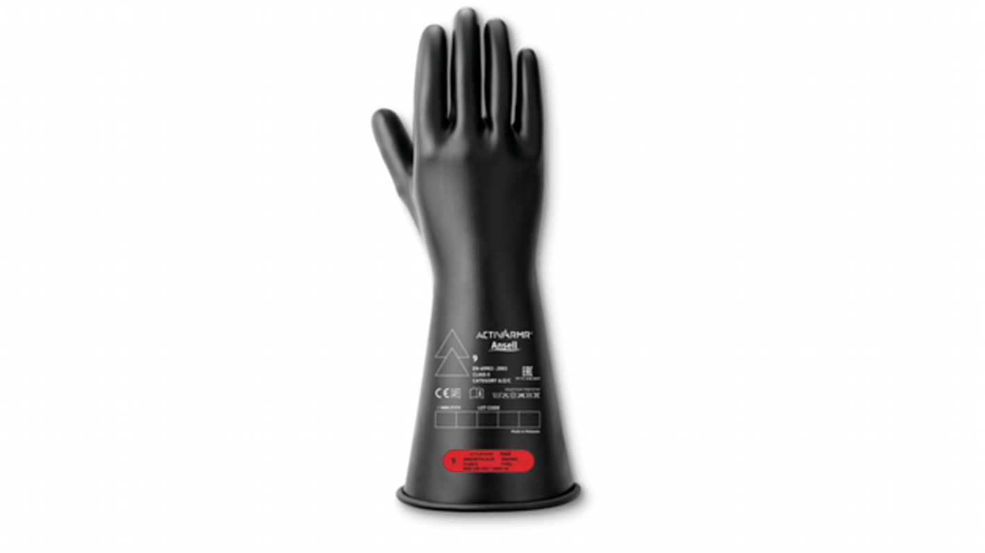 Ansell RIG014B Black Latex Electrical Safety Electrical Insulating Gloves, Size 9, Latex Coating