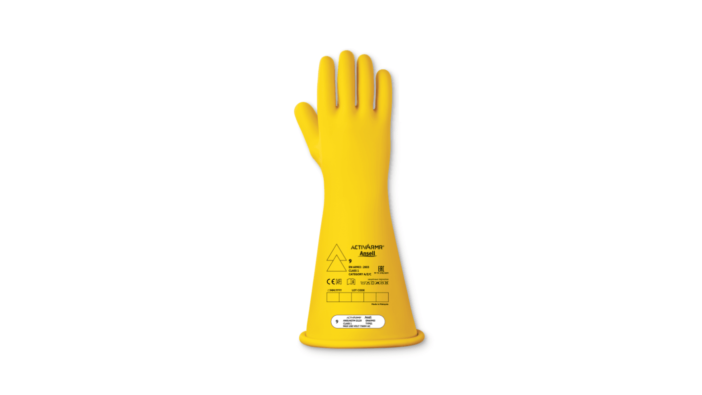 Ansell RIG114Y Yellow Latex Electrical Safety Electrical Insulating Gloves, Size 10, Latex Coating