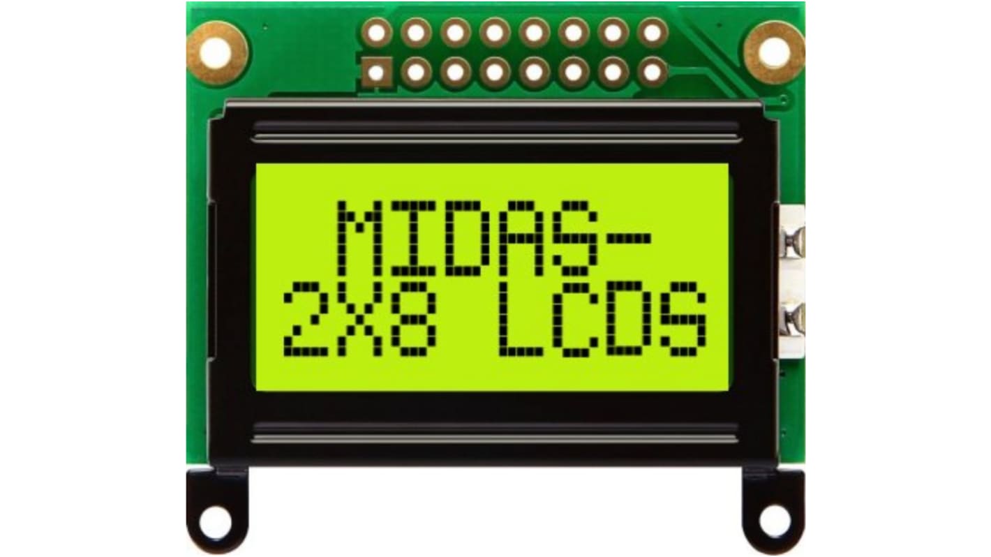 Midas MC20805B6W-SPTLY-V2 Alphanumeric LCD Alphanumeric Display, 2 Rows by 8 Characters