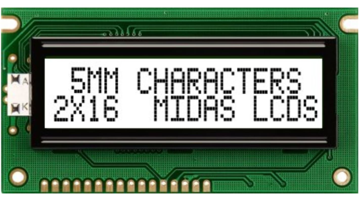 Midas MC21605A6WK-FPTLW-V2 Alphanumeric LCD Alphanumeric Display, 2 Rows by 16 Characters