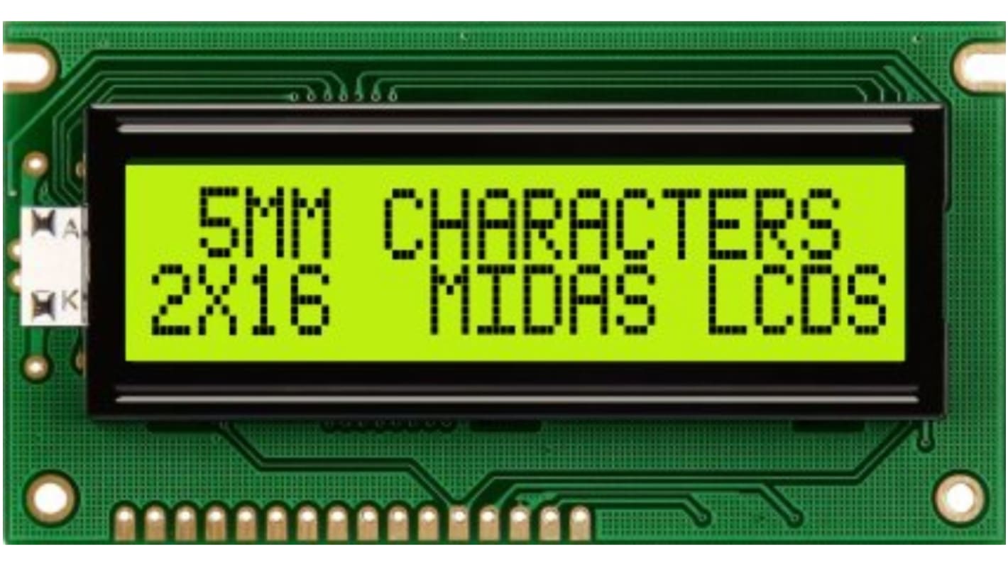 Midas MC21605A6WK-SPTLY-V2 Alphanumeric LCD Alphanumeric Display, 2 Rows by 16 Characters