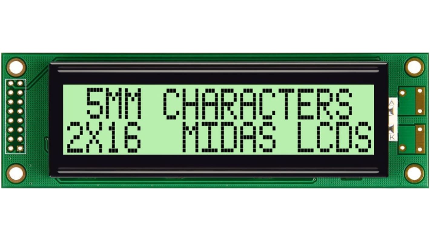 Midas MC21605B6WK-GPTLY-V2 Alphanumeric LCD Alphanumeric Display, 2 Rows by 16 Characters