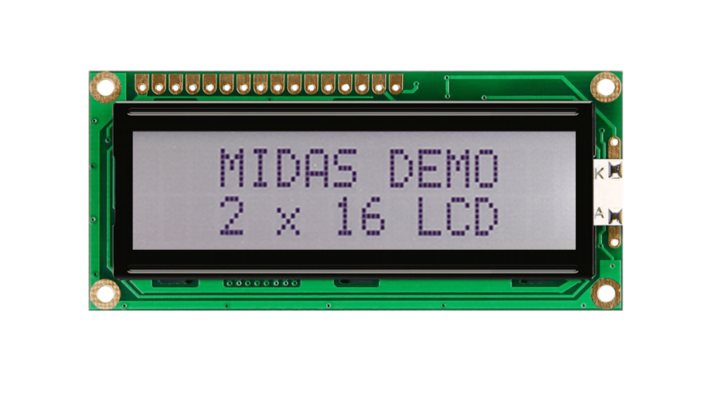 Midas MC21605C6W-FPTLWI-V2 Alphanumeric LCD Alphanumeric Display, 2 Rows by 16 Characters