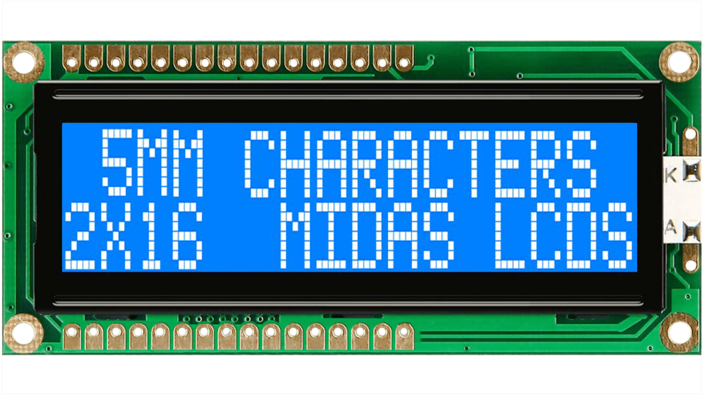 Midas MC21605G6WK-BNMLW-V2 Alphanumeric LCD Alphanumeric Display, 2 Rows by 16 Characters
